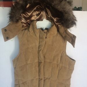 Eddie Bauer Womens Down Vest Genuine Suede Leather Faux Fur Lined Hood Large